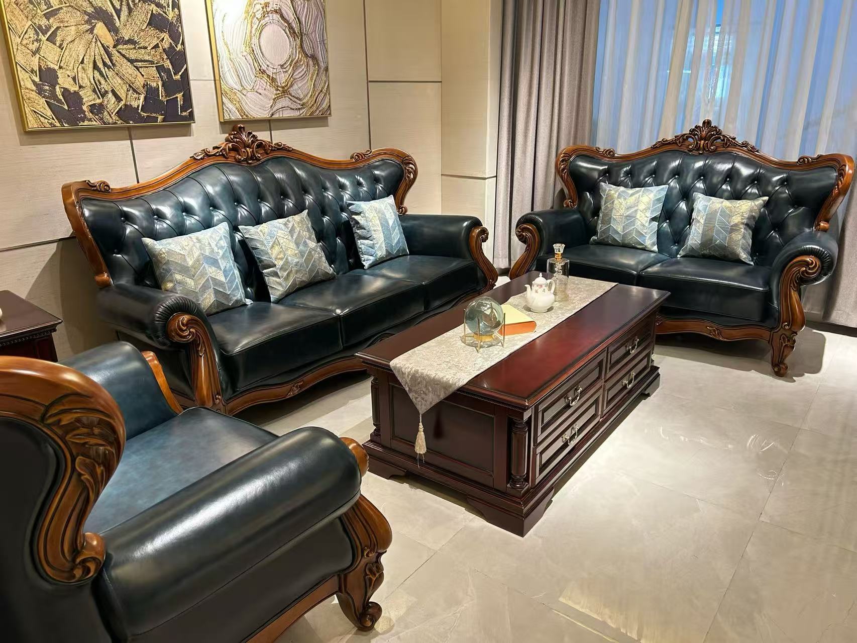 9602 HANDCRAFTED SOLID WOOD LEATHER LOUNGE SUITE